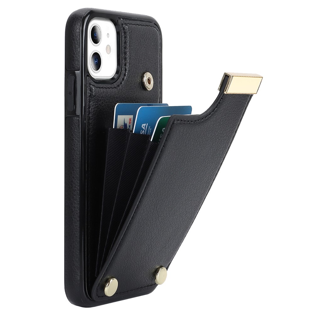 For iPhone 11 Cover TPU+PU Leather Metal Decor Shockproof Cell Phone Case with Card Holder - Black