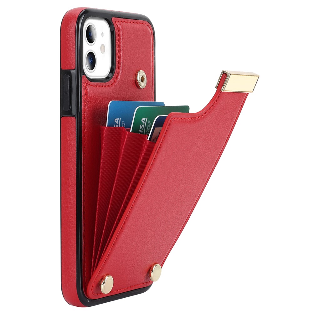 For iPhone 11 Cover TPU+PU Leather Metal Decor Shockproof Cell Phone Case with Card Holder - Red