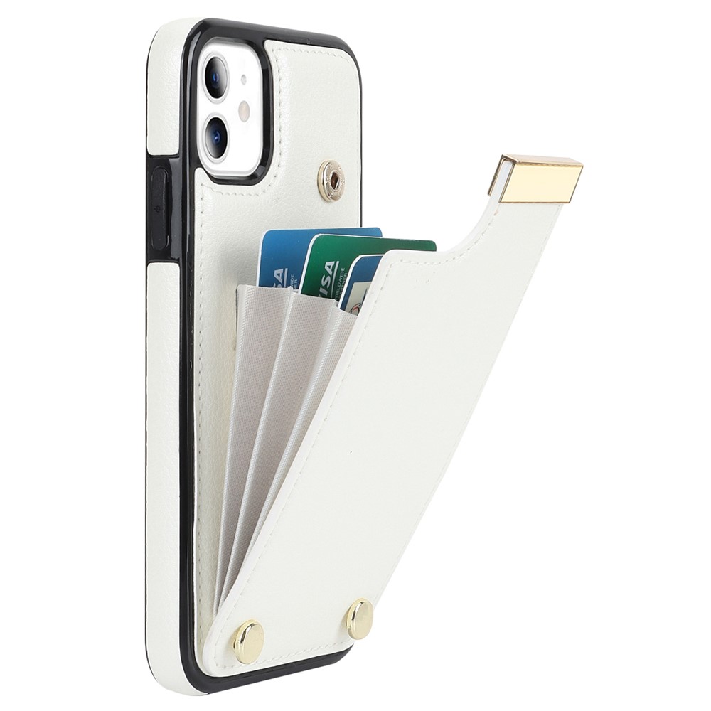 For iPhone 11 Cover TPU+PU Leather Metal Decor Shockproof Cell Phone Case with Card Holder - White