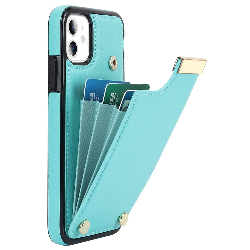 For iPhone 11 Cover TPU+PU Leather Metal Decor Shockproof Cell Phone Case with Card Holder - Mint Green