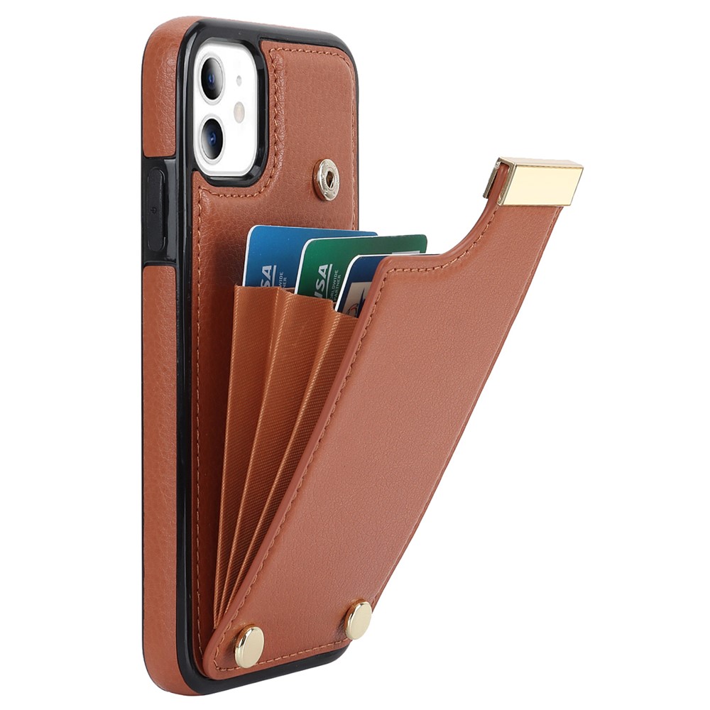 For iPhone 11 Cover TPU+PU Leather Metal Decor Shockproof Cell Phone Case with Card Holder - Brown