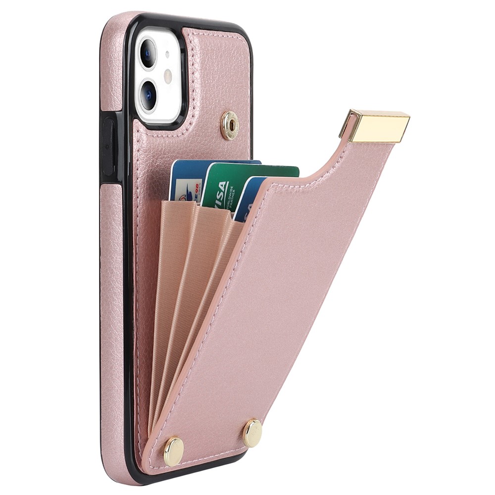 For iPhone 11 Cover TPU+PU Leather Metal Decor Shockproof Cell Phone Case with Card Holder - Rose Gold