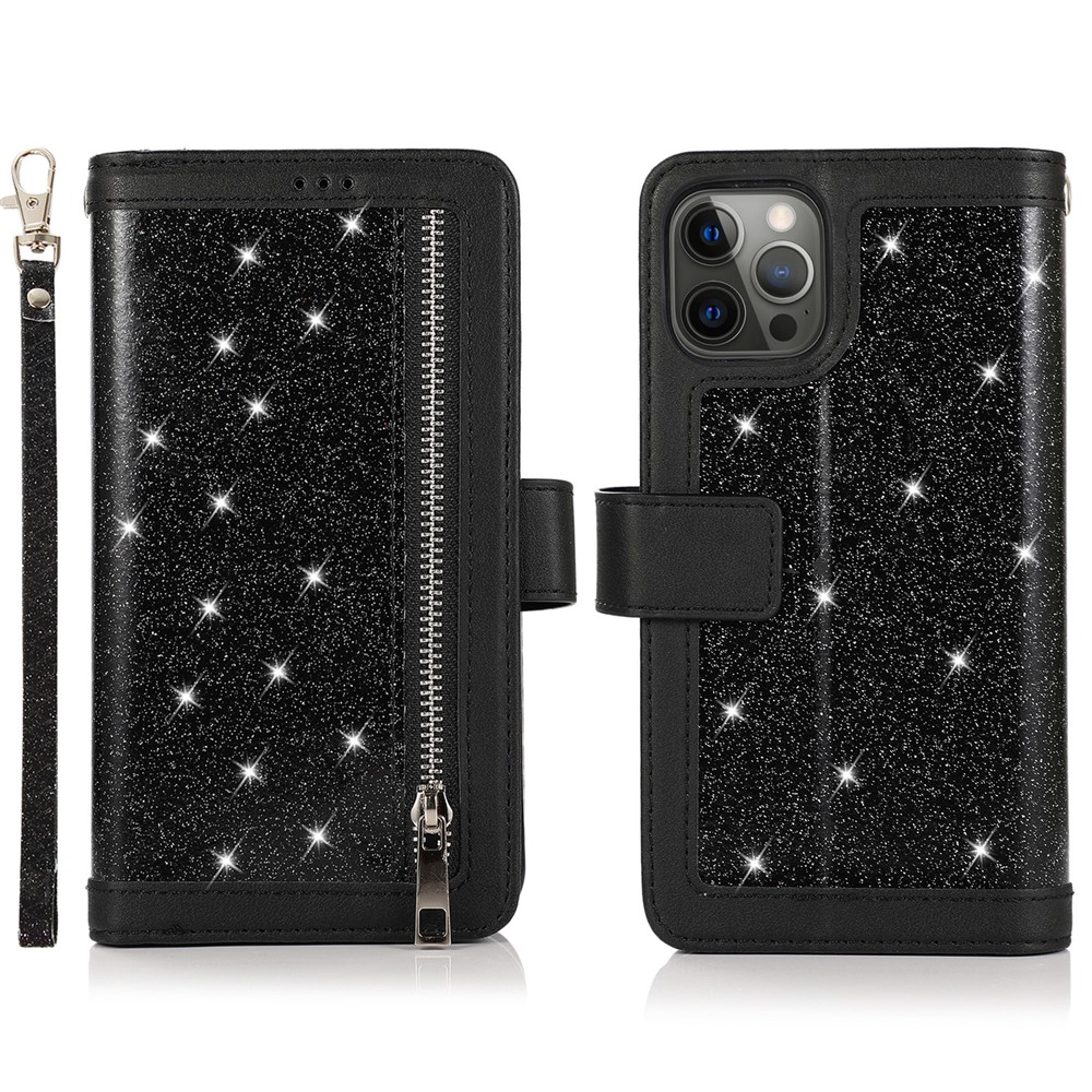 For iPhone 12 / 12 Pro Case Glitter Powder Zipper Pocket 9 Card Holder Leather Cover - Black