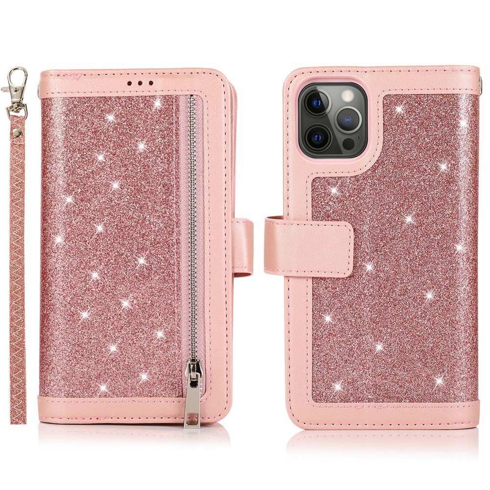 For iPhone 12 / 12 Pro Case Glitter Powder Zipper Pocket 9 Card Holder Leather Cover - Rose Gold
