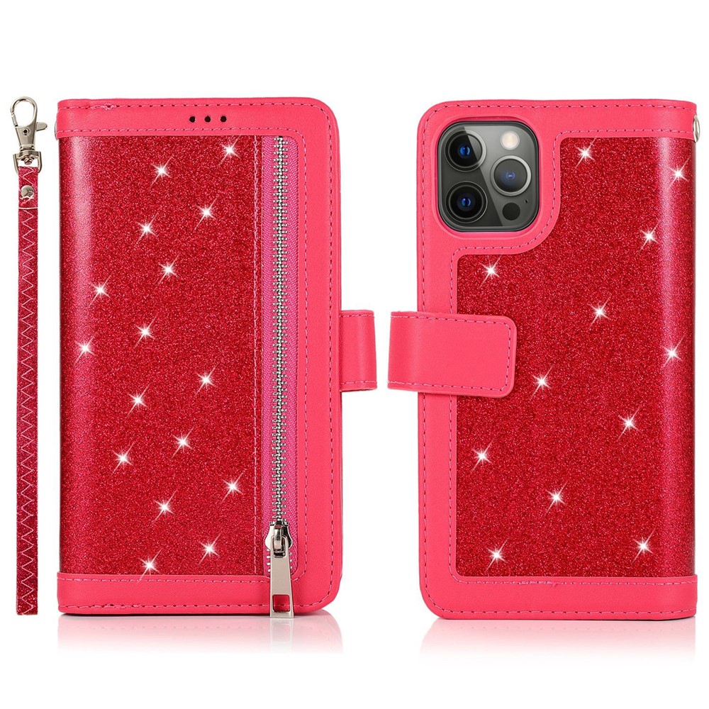 For iPhone 12 / 12 Pro Case Glitter Powder Zipper Pocket 9 Card Holder Leather Cover - Rose