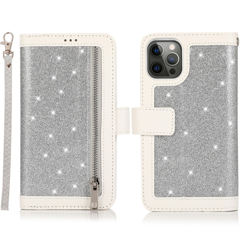 For iPhone 12 / 12 Pro Case Glitter Powder Zipper Pocket 9 Card Holder Leather Cover - Silver