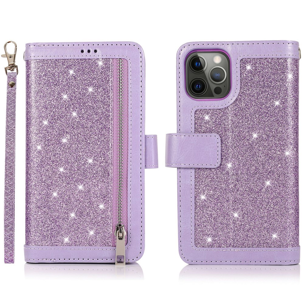 For iPhone 12 / 12 Pro Case Glitter Powder Zipper Pocket 9 Card Holder Leather Cover - Purple