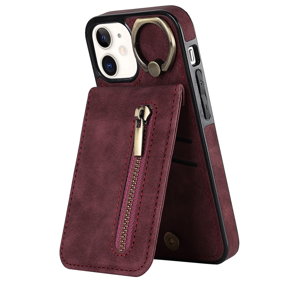 For iPhone 12 mini Cell Phone Case RFID Blocking PU+TPU Cover with Card Slots - Wine Red