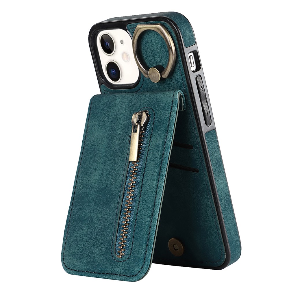 For iPhone 12 mini Cell Phone Case RFID Blocking PU+TPU Cover with Card Slots - Blue