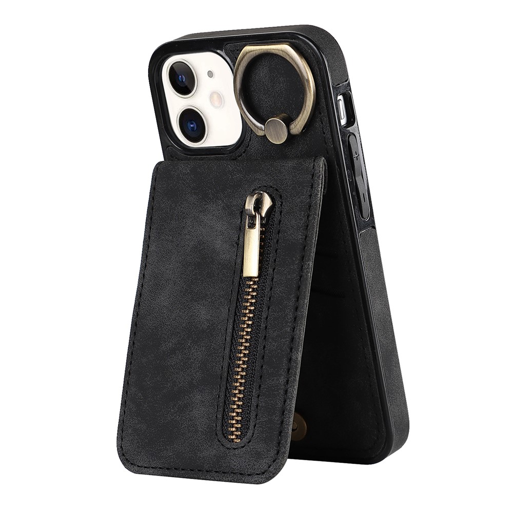 For iPhone 12 mini Cell Phone Case RFID Blocking PU+TPU Cover with Card Slots - Black