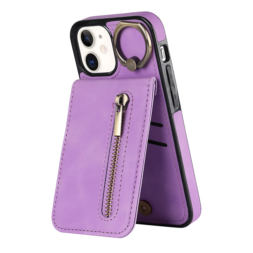 For iPhone 12 mini Cell Phone Case RFID Blocking PU+TPU Cover with Card Slots - Purple