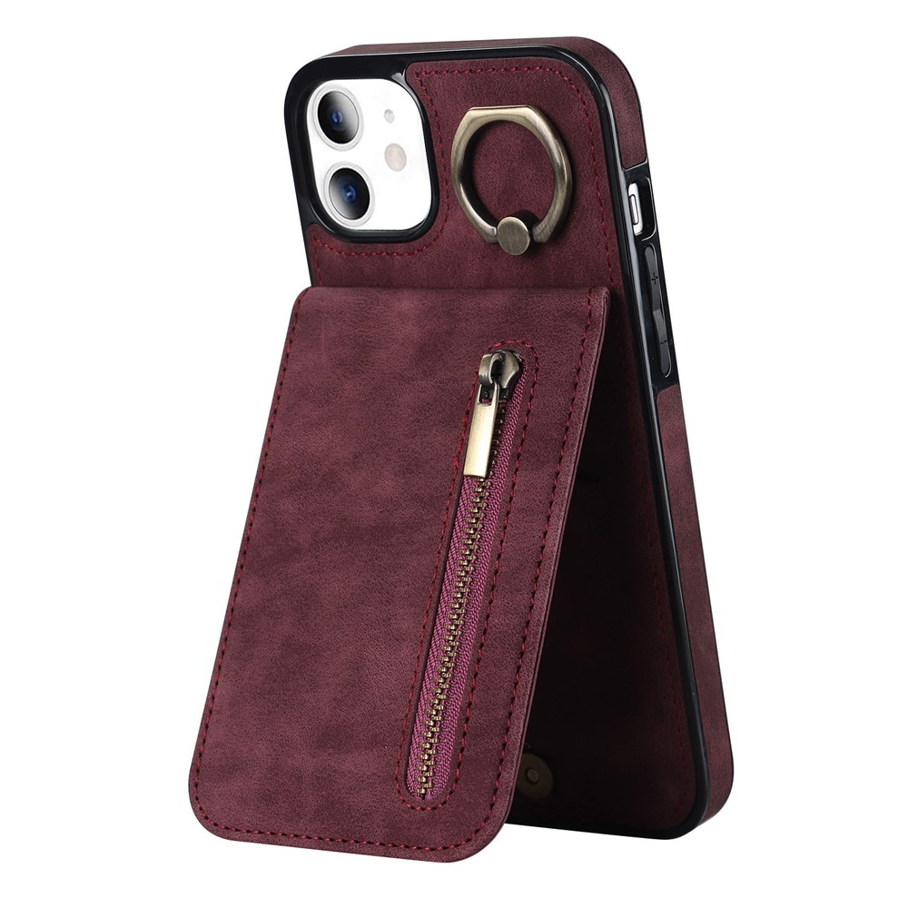 For iPhone 11 Cell Phone Case Card Slots RFID Blocking Retro PU+TPU Cover - Wine Red