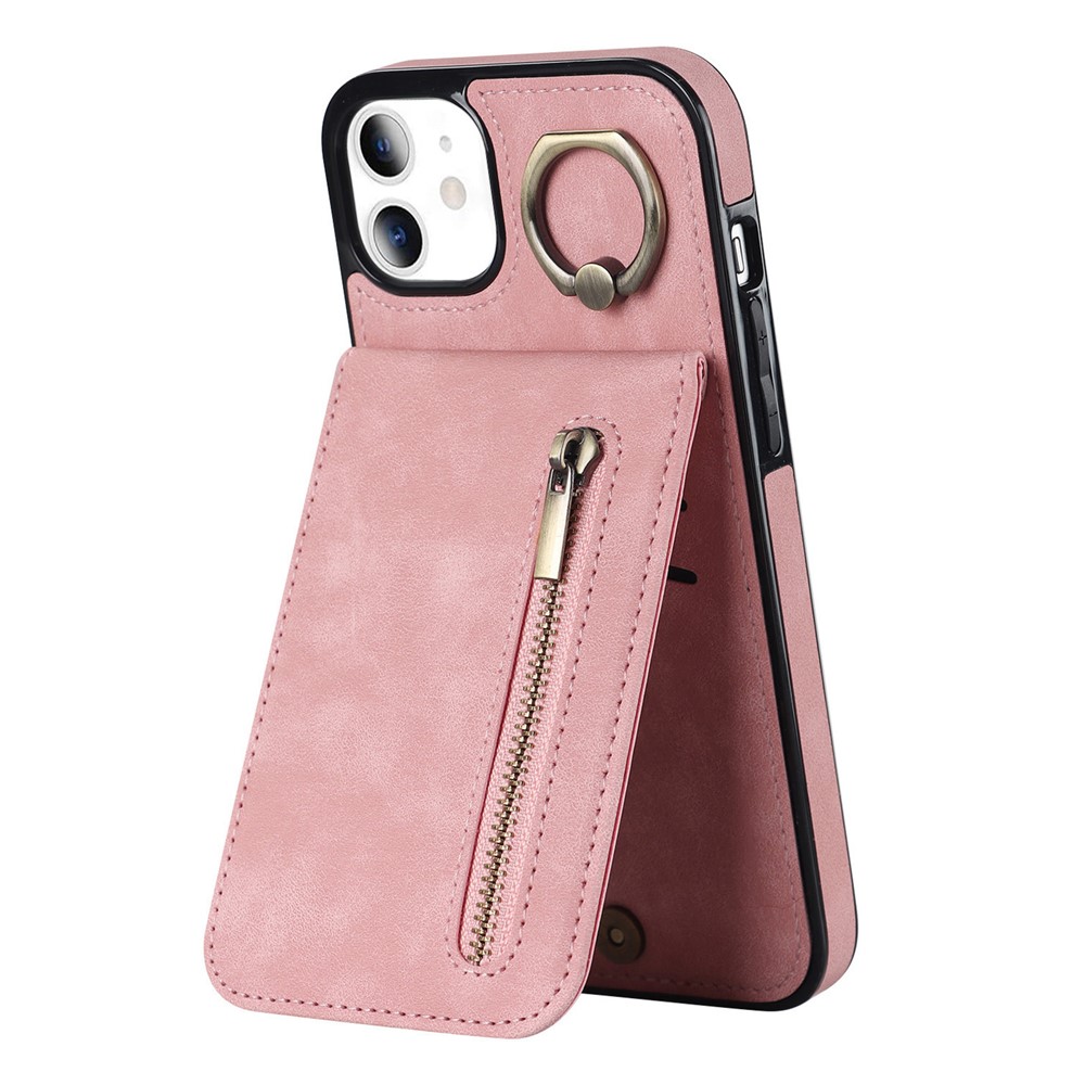 For iPhone 11 Cell Phone Case Card Slots RFID Blocking Retro PU+TPU Cover - Pink