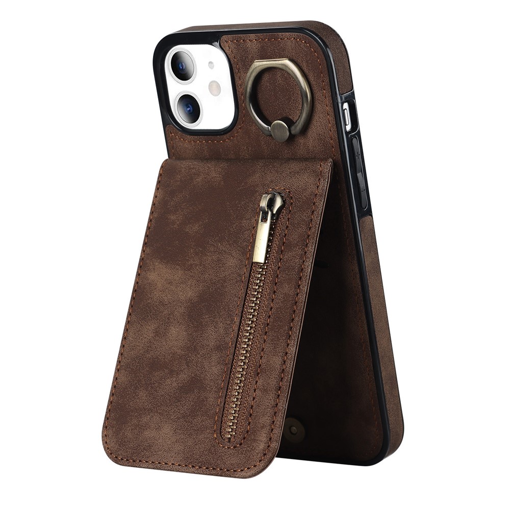 For iPhone 11 Cell Phone Case Card Slots RFID Blocking Retro PU+TPU Cover - Brown