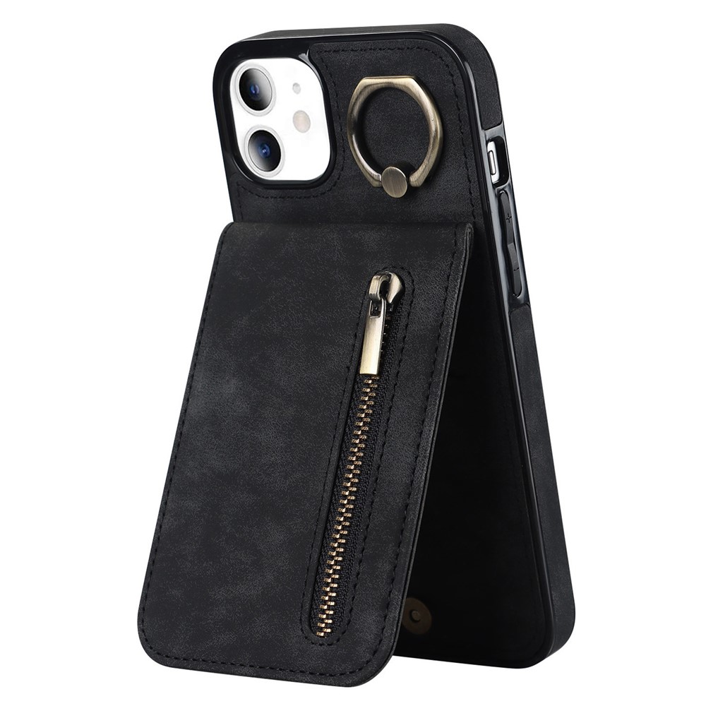 For iPhone 11 Cell Phone Case Card Slots RFID Blocking Retro PU+TPU Cover - Black