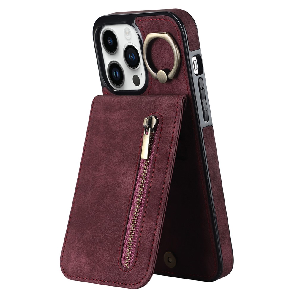 For iPhone 12 / 12 Pro Cell Phone Case Card Slots RFID Blocking PU+TPU Back Cover - Wine Red