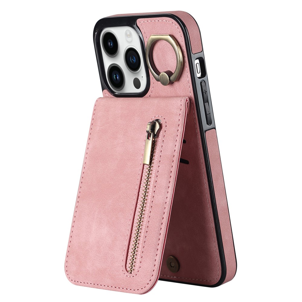 For iPhone 12 / 12 Pro Cell Phone Case Card Slots RFID Blocking PU+TPU Back Cover - Pink