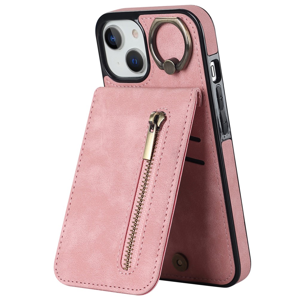 PU+TPU Cover for iPhone 13 mini , Ring Kickstand RFID Blocking Cell Phone Case - Pink