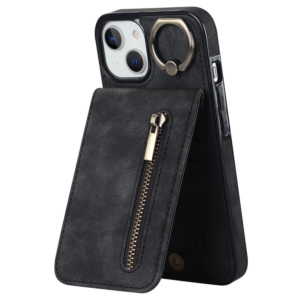 PU+TPU Cover for iPhone 13 mini , Ring Kickstand RFID Blocking Cell Phone Case - Black
