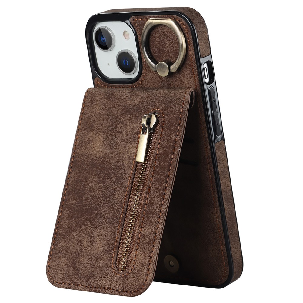 PU+TPU Cover for iPhone 13 mini , Ring Kickstand RFID Blocking Cell Phone Case - Brown