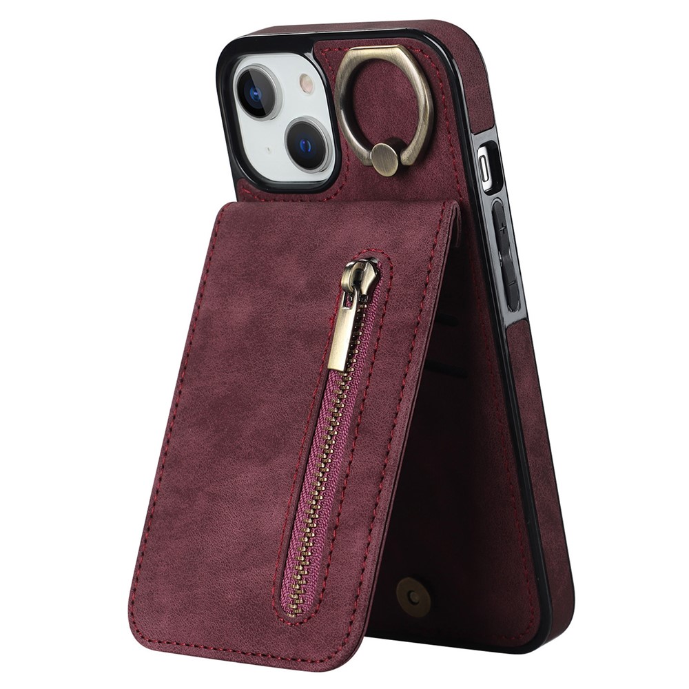 PU+TPU Cover for iPhone 13 mini , Ring Kickstand RFID Blocking Cell Phone Case - Wine Red
