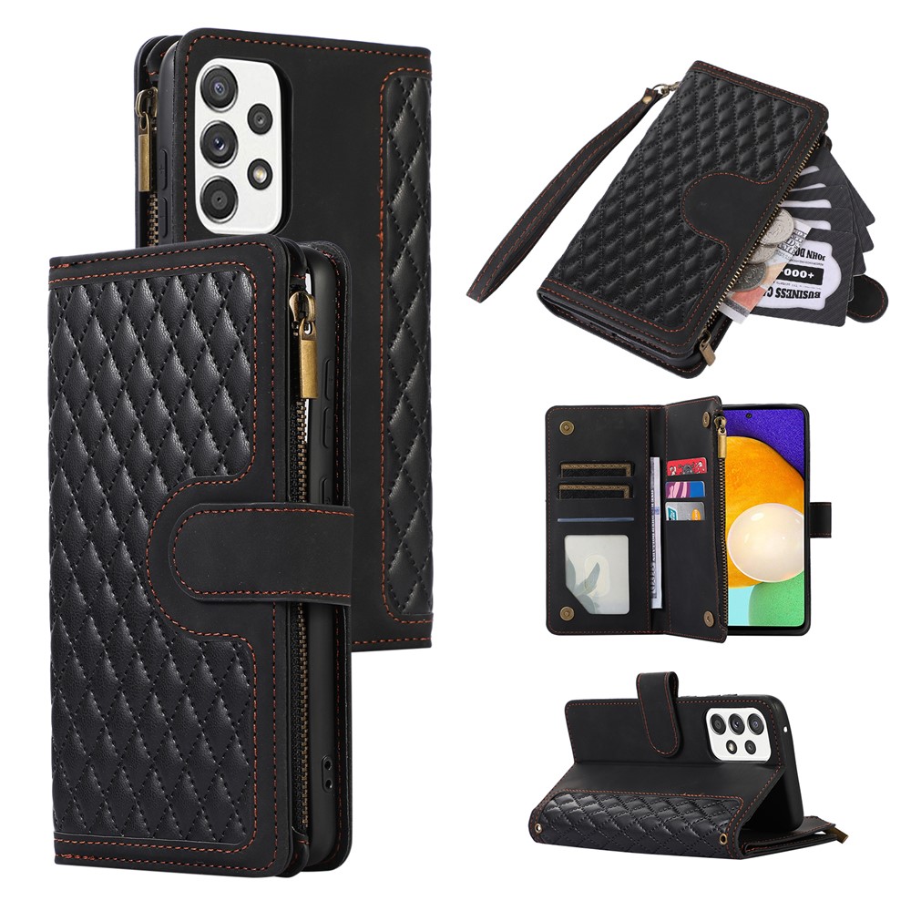For Samsung Galaxy A73 5G Cell Phone Case Anti-drop 9 Card Slots Wallet Cover with Wrist Strap - Black
