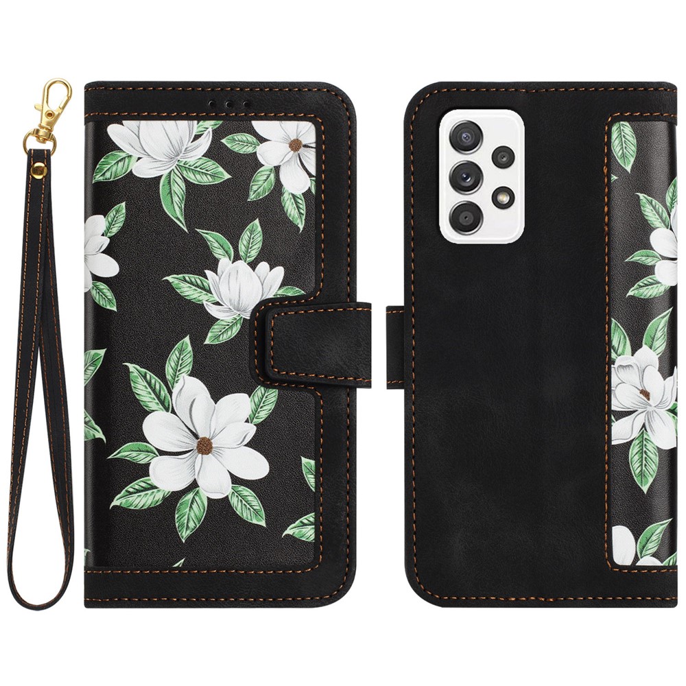 For Samsung Galaxy A73 5G Leather Case Card Slots Phone Cover Flower Pattern - Black