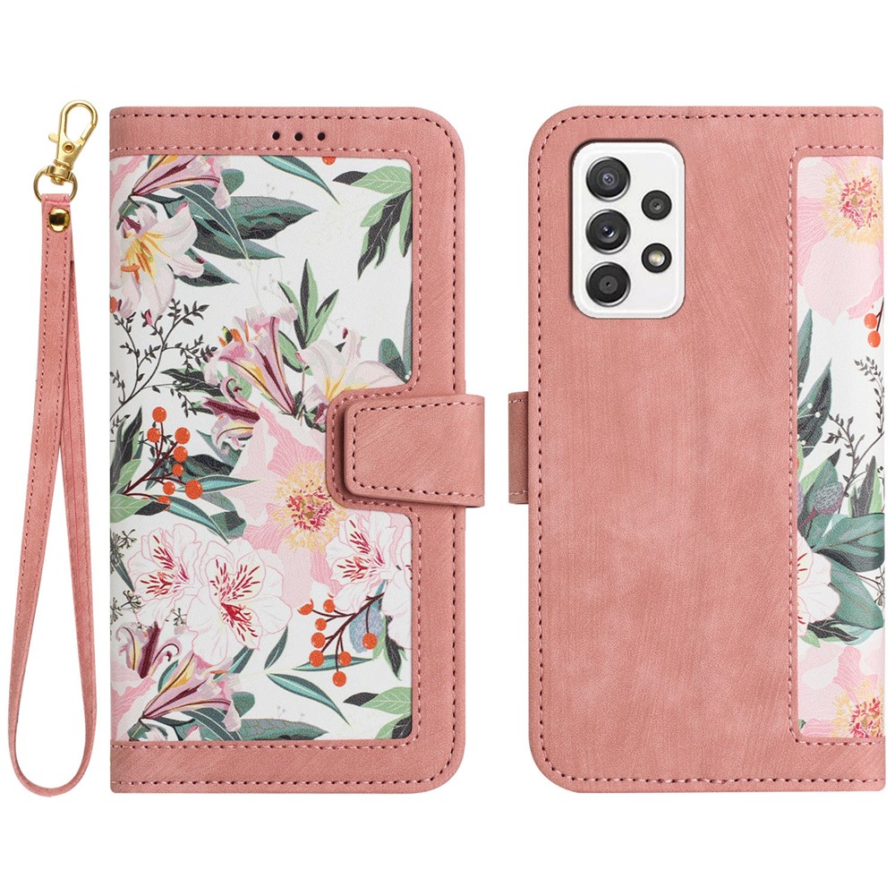 For Samsung Galaxy A72 4G / 5G Flower Print Leather Case Card Holder Stand Cover - Pink