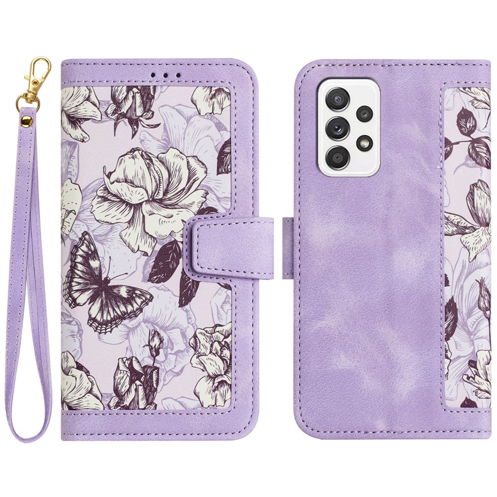 For Samsung Galaxy A72 4G / 5G Flower Print Leather Case Card Holder Stand Cover - Light Purple