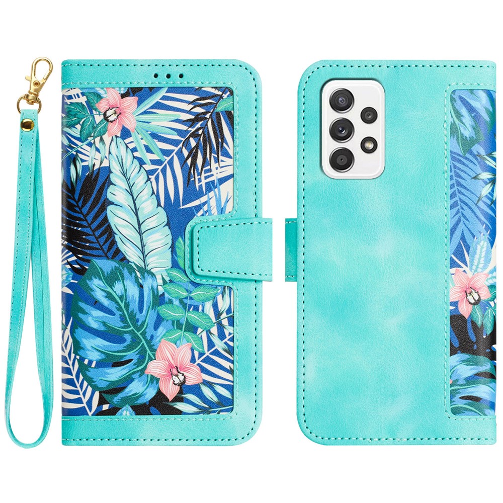For Samsung Galaxy A72 4G / 5G Flower Print Leather Case Card Holder Stand Cover - Green