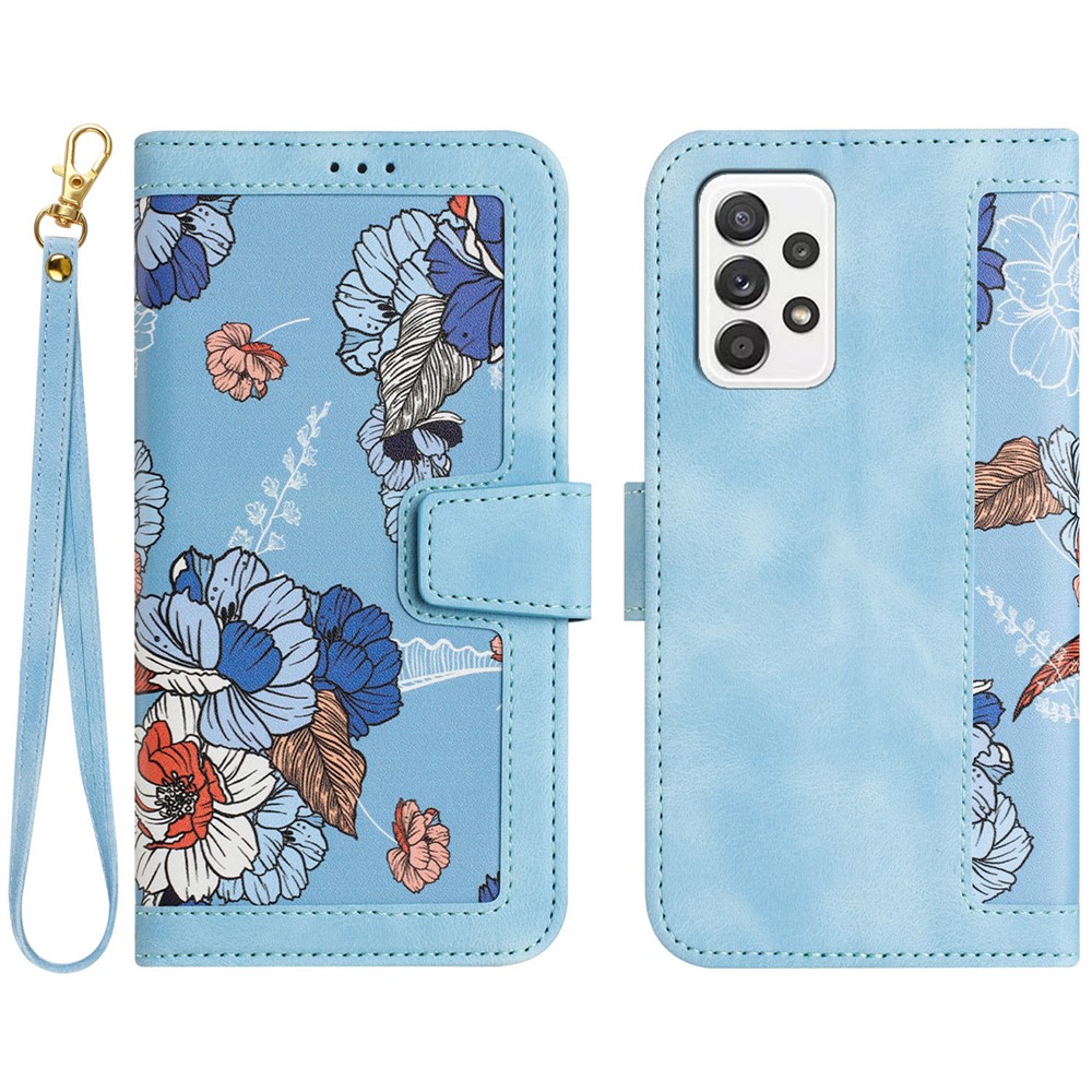 For Samsung Galaxy A72 4G / 5G Flower Print Leather Case Card Holder Stand Cover - Baby Blue