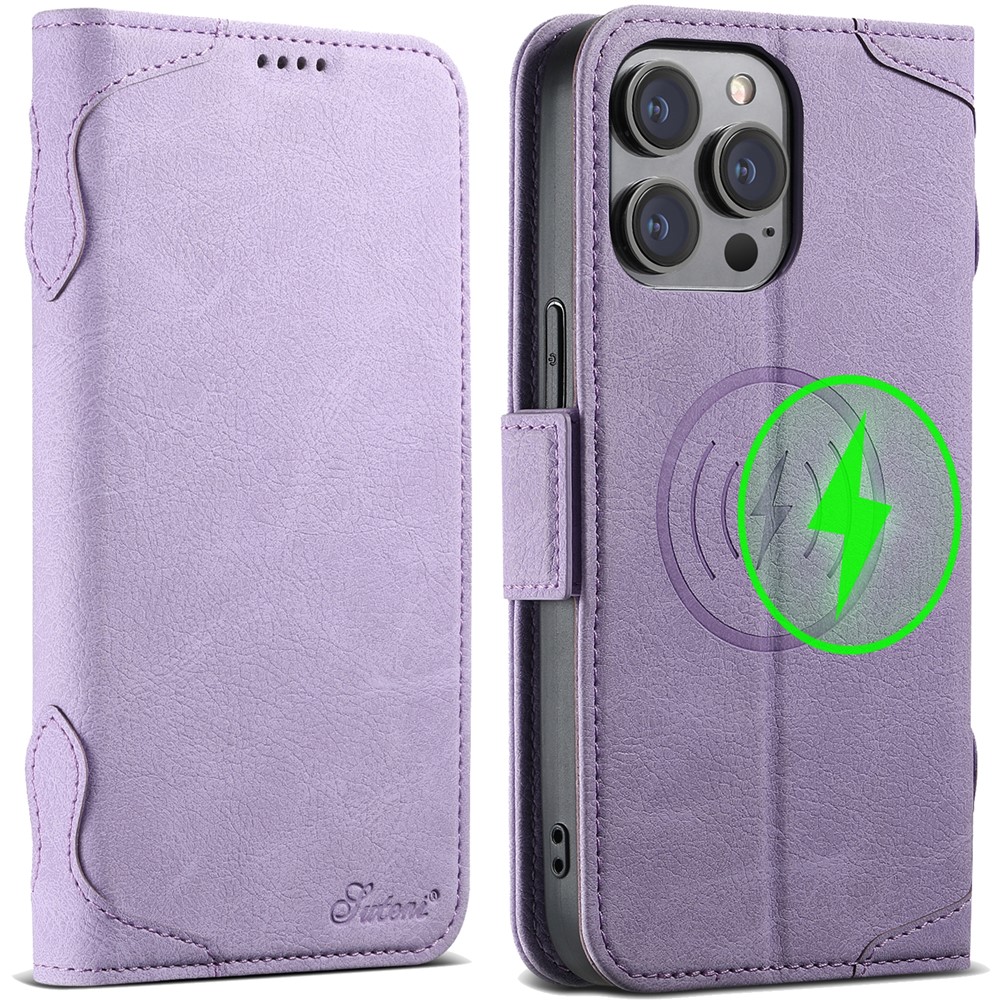 SUTENI J07 For iPhone 12 Pro 6.1 inch / 12 6.1 inch Case Compatible with MagSafe Litchi Texture Leather Phone Shell - Purple