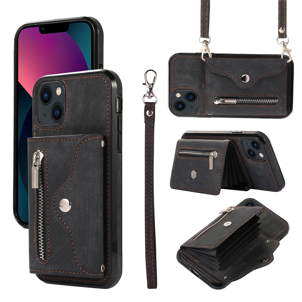 For iPhone 13 mini 5.4 inch Case Zipper Pocket PU Leather + TPU RFID Blocking Card Slots Cover with 2 Straps - Black
