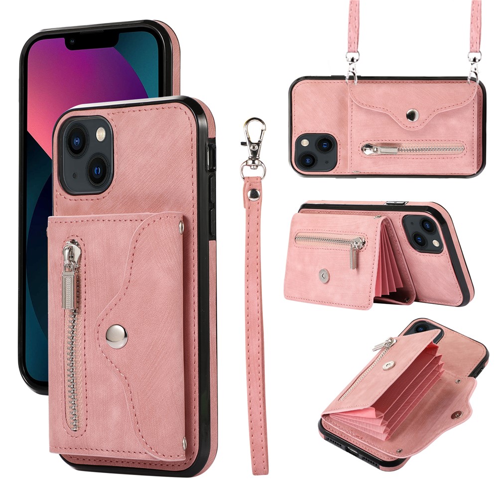 For iPhone 13 mini 5.4 inch Case Zipper Pocket PU Leather + TPU RFID Blocking Card Slots Cover with 2 Straps - Rose Gold