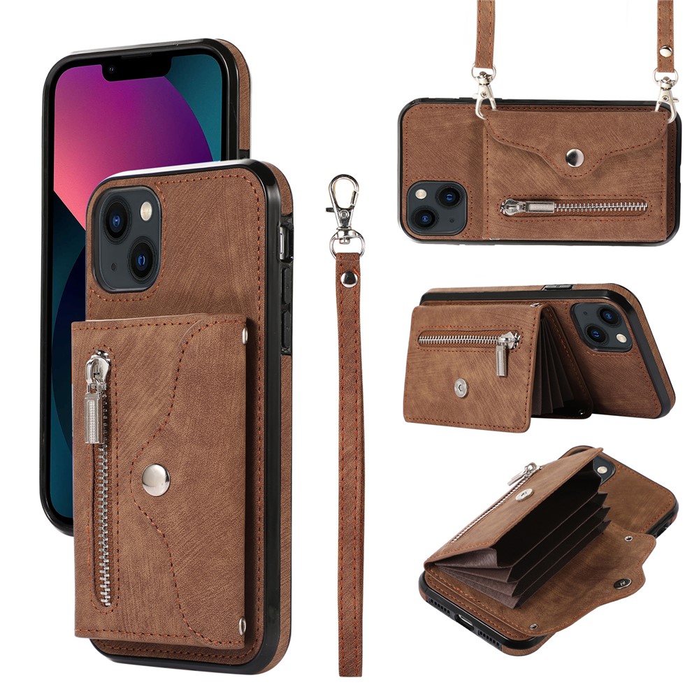 For iPhone 13 mini 5.4 inch Case Zipper Pocket PU Leather + TPU RFID Blocking Card Slots Cover with 2 Straps - Brown