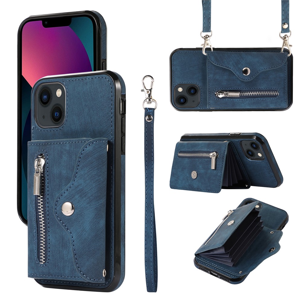 For iPhone 13 mini 5.4 inch Case Zipper Pocket PU Leather + TPU RFID Blocking Card Slots Cover with 2 Straps - Blue