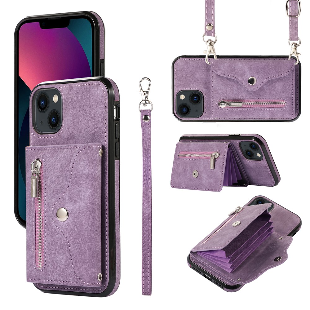 For iPhone 13 mini 5.4 inch Case Zipper Pocket PU Leather + TPU RFID Blocking Card Slots Cover with 2 Straps - Purple