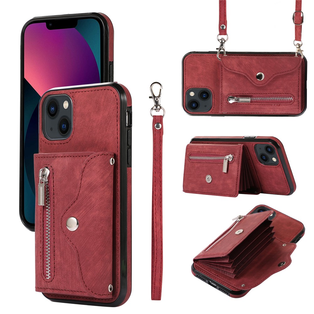 For iPhone 13 mini 5.4 inch Case Zipper Pocket PU Leather + TPU RFID Blocking Card Slots Cover with 2 Straps - Red