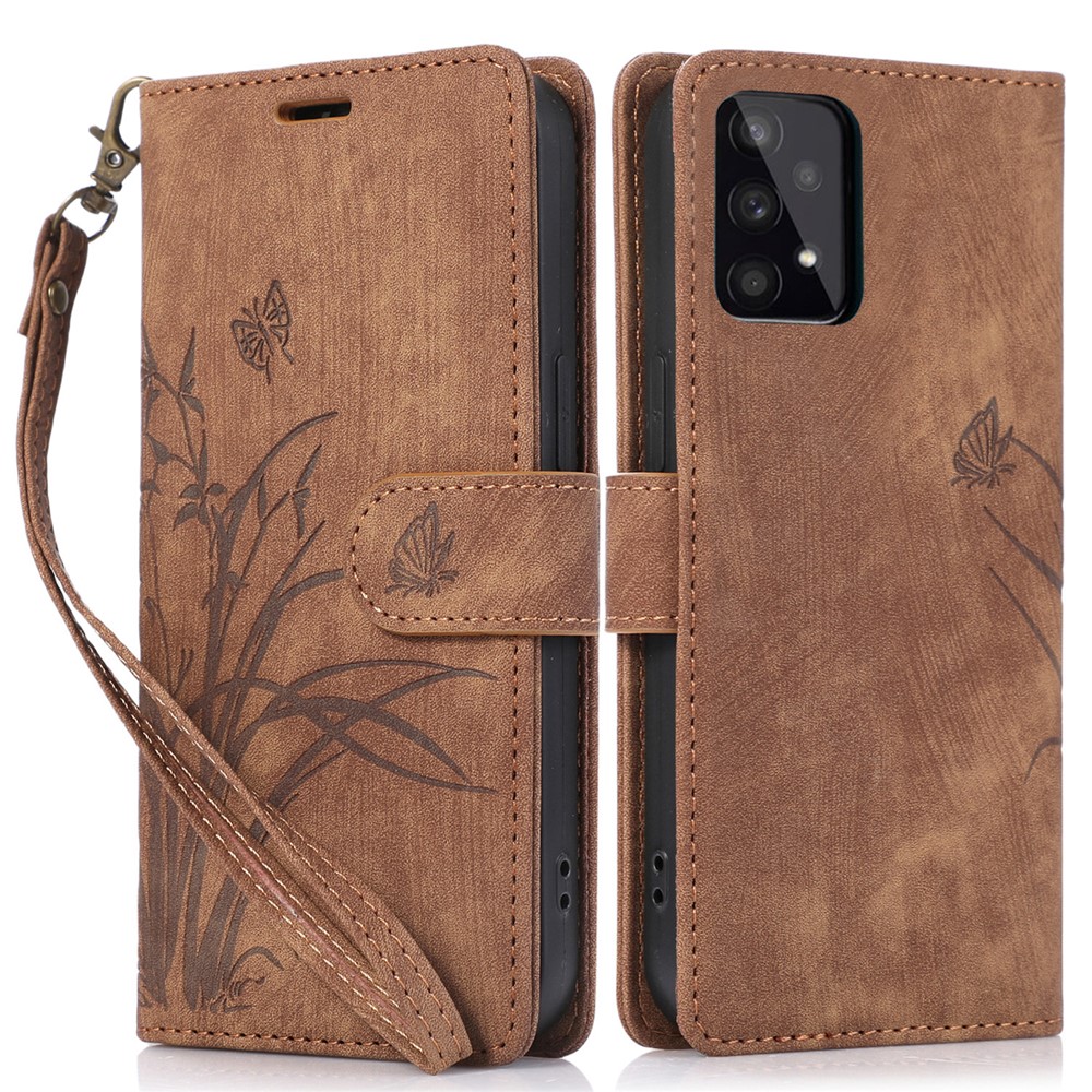 For Samsung Galaxy A73 5G Case Wallet Leather Cover Orchid Butterfly Pattern - Brown
