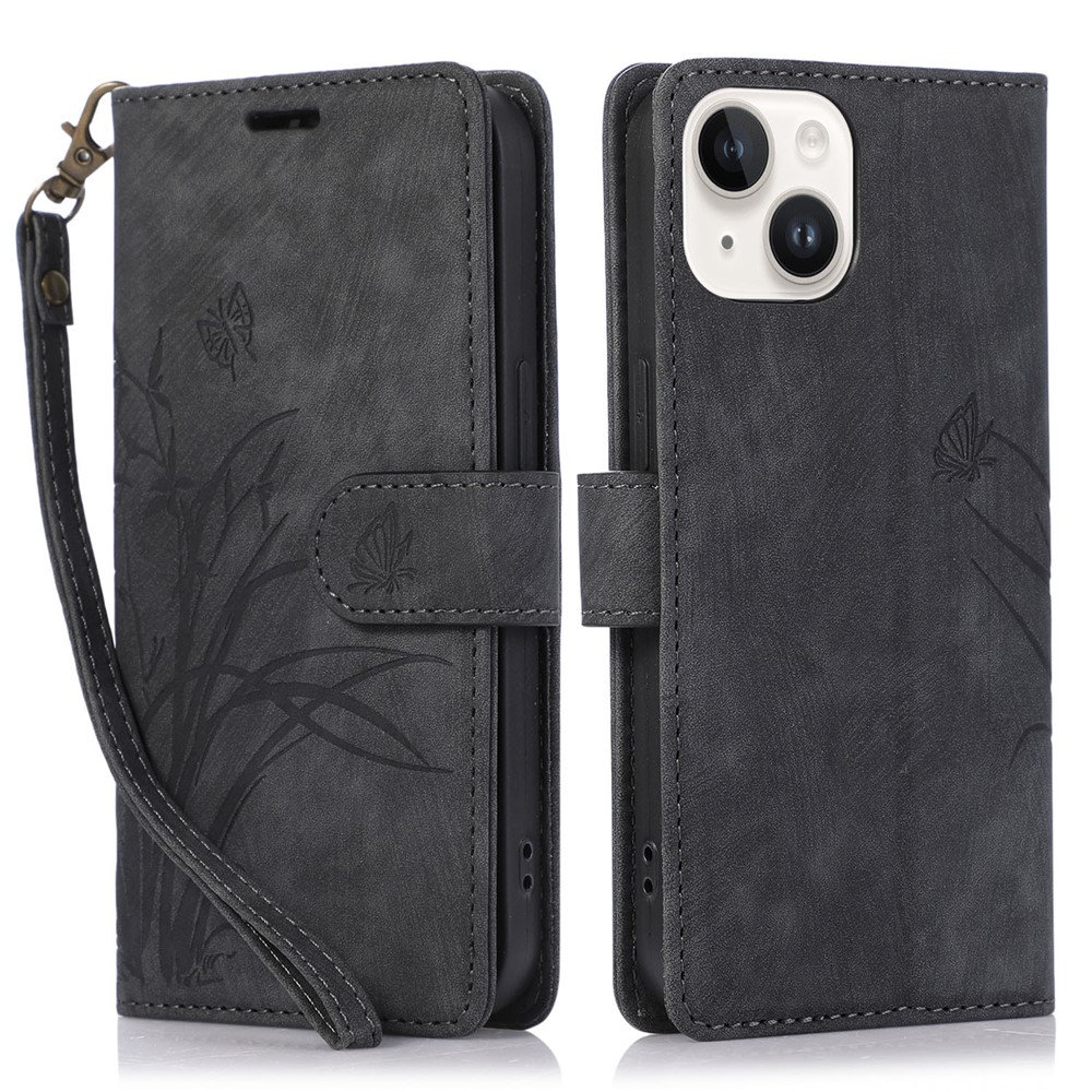 Wallet Leather Cover for iPhone 14 Plus Phone Case Orchid Butterfly Pattern - Black