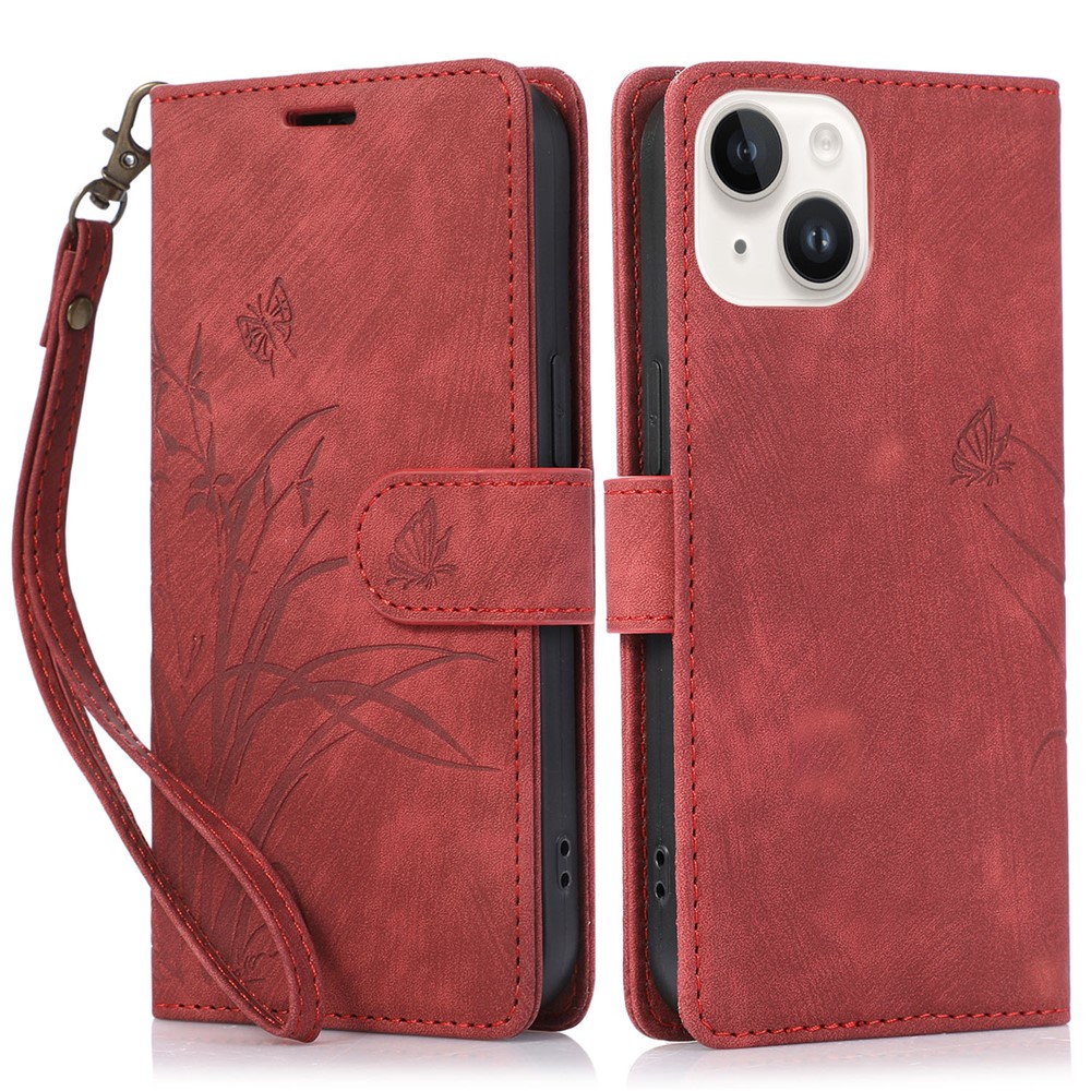 Wallet Leather Cover for iPhone 14 Plus Phone Case Orchid Butterfly Pattern - Red