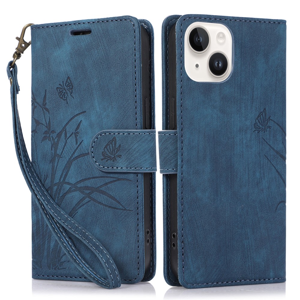 Wallet Leather Cover for iPhone 14 Plus Phone Case Orchid Butterfly Pattern - Blue