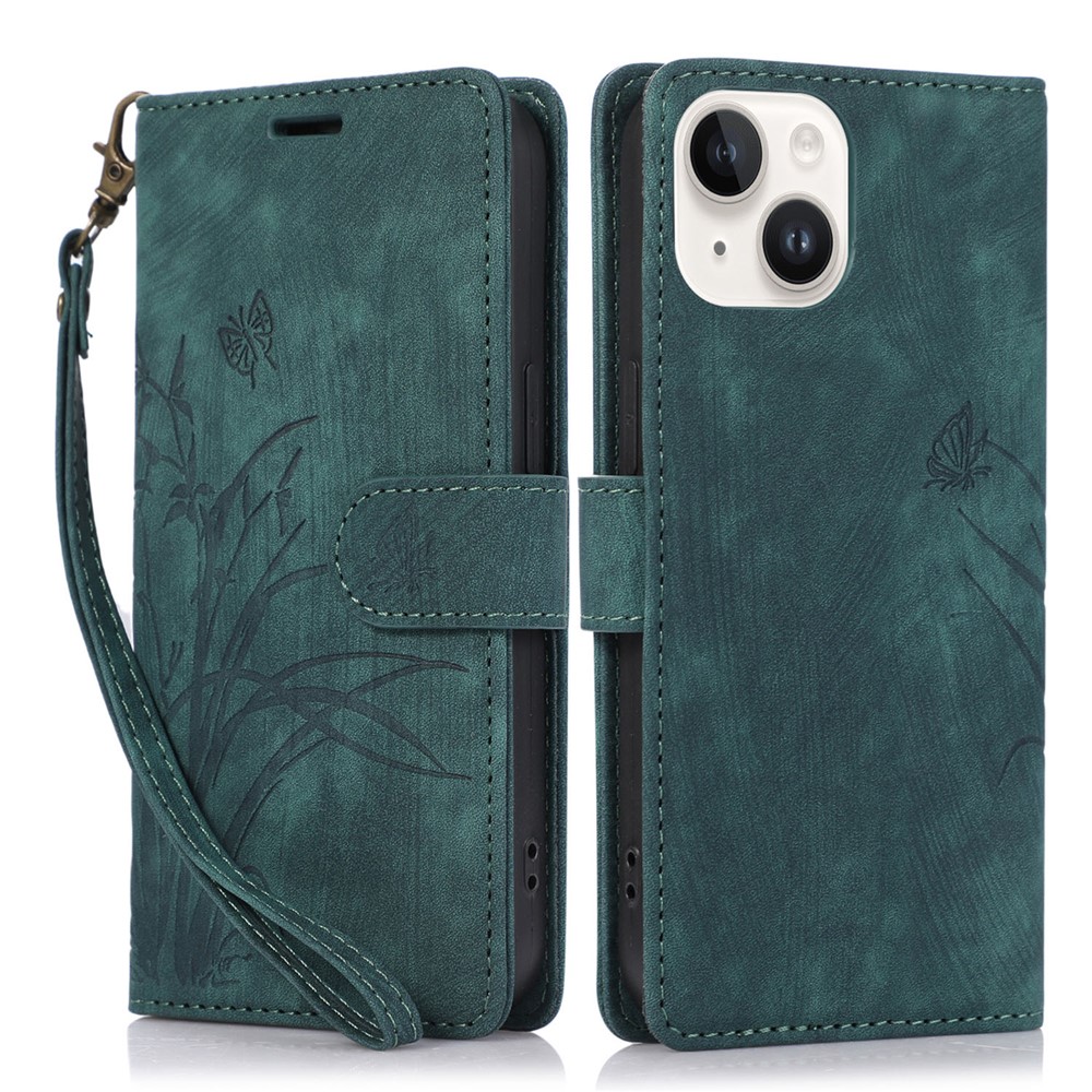 Wallet Leather Cover for iPhone 14 Plus Phone Case Orchid Butterfly Pattern - Green