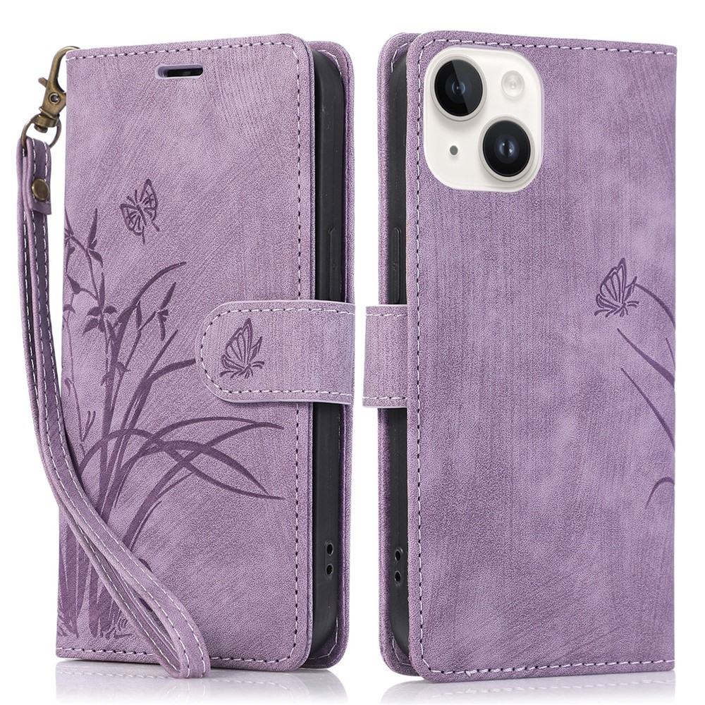 Wallet Leather Cover for iPhone 14 Plus Phone Case Orchid Butterfly Pattern - Purple