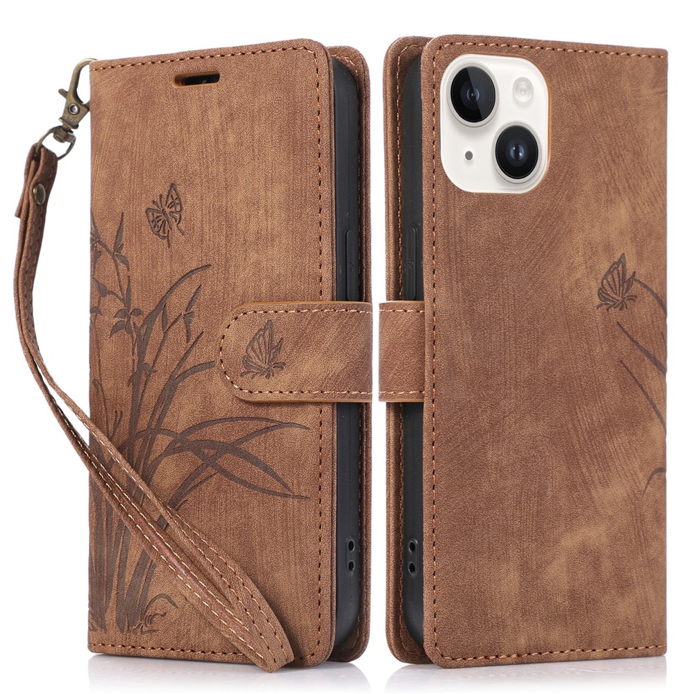 Wallet Leather Cover for iPhone 14 Plus Phone Case Orchid Butterfly Pattern - Brown