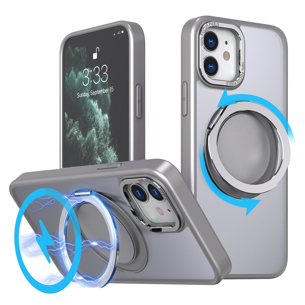 For iPhone 11 Magnetic Phone Case Invisible Gear Ring Holder Kickstand - Titanium Grey