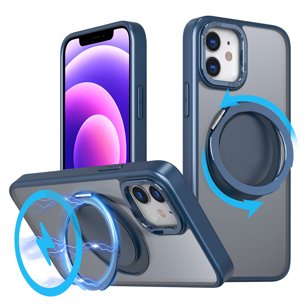 For iPhone 12 / 12 Pro Magnetic Case Rotary Ring Kickstand Phone Cover - Navy Blue
