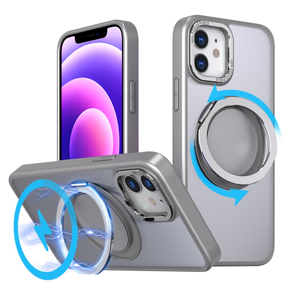 For iPhone 12 / 12 Pro Magnetic Case Rotary Ring Kickstand Phone Cover - Titanium Grey