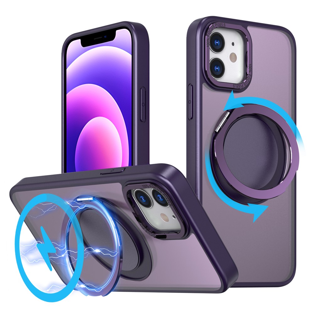 For iPhone 12 / 12 Pro Magnetic Case Rotary Ring Kickstand Phone Cover - Purple