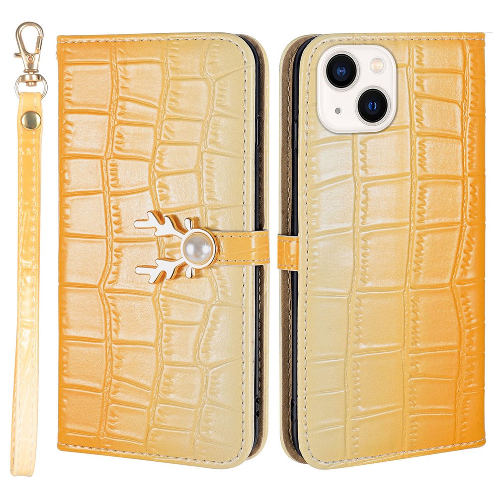 For iPhone 14 Plus Wallet Case Gradient Crocodile Texture Protective Phone Cover - Yellow